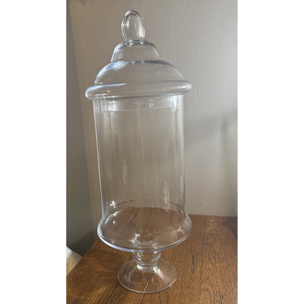 XL Apothecary Jar Pedestal Base Tiered Finial Lid Clear Glass 20 Tall 7 Wide 7"